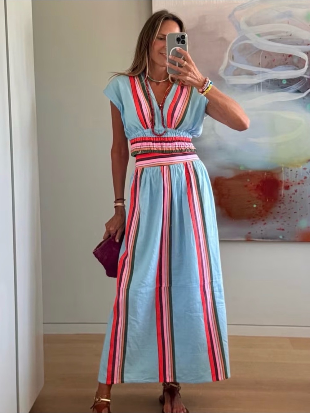 Striped V-Neck Maxi Skirt and Top in Sky Blue & Coral
